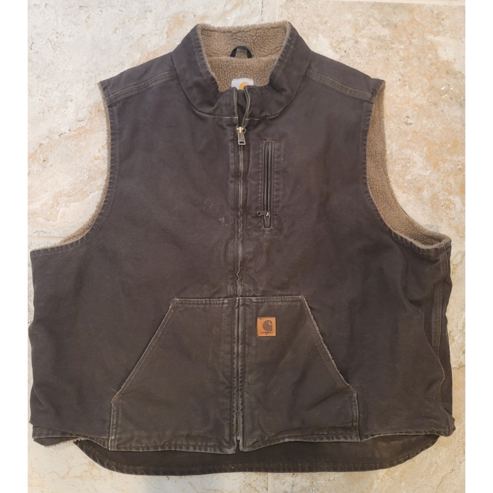 Carhart Duck Canvas Sherpa lined 3XL Vest Dark Brown front pockets